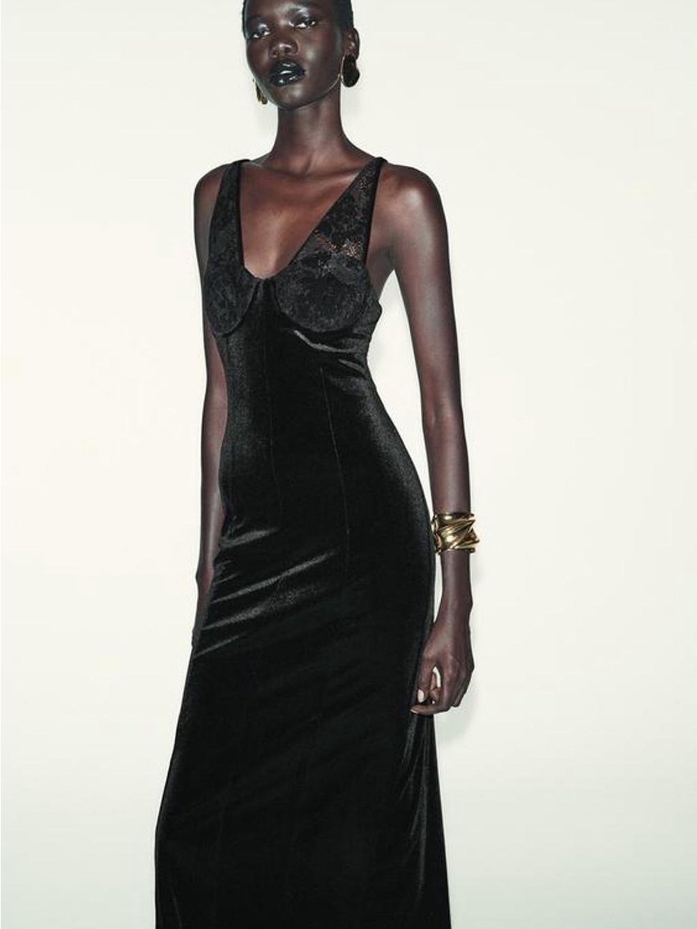 Zara Black Velvet Midi Dress with Lace Detail